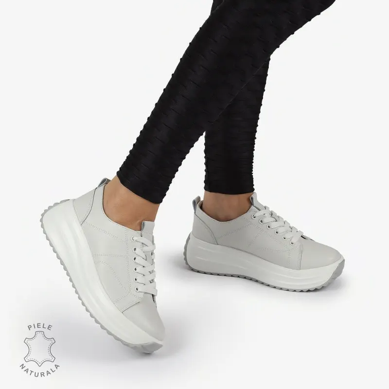 Pantofi casual piele naturala cu talpa inalta CRL1307 ALB