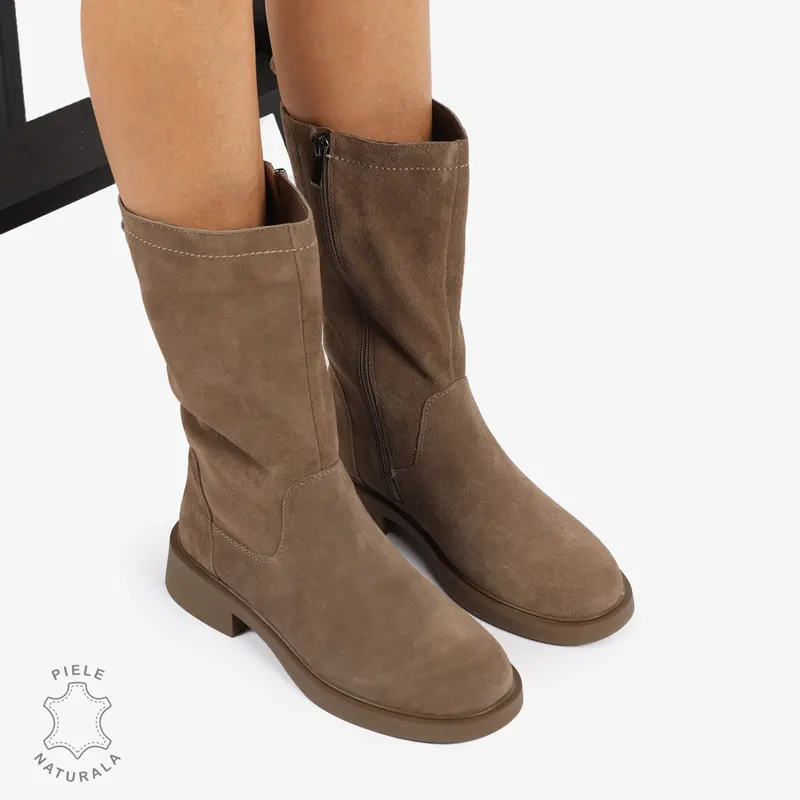 Cizme Damă din Piele Naturală Intoarsa Inalte cu inchidere fermoar CRL1252 Khaki