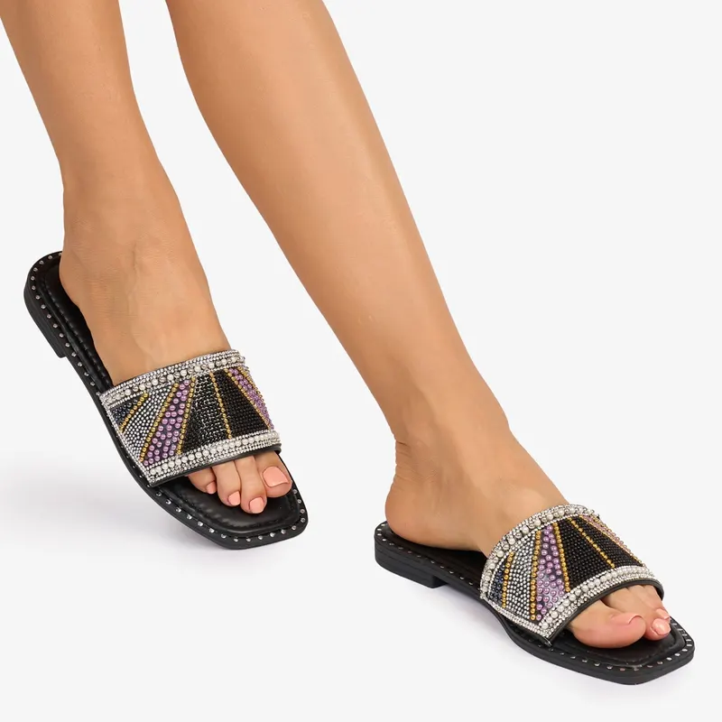 PAPUCI dama din Piele ECOLOGICA CU STRASURI COLORATE CRL1076 CULOARE: NEGRU