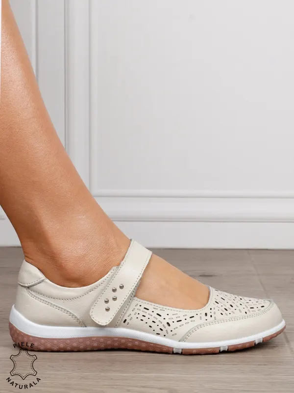 Balerini dama din Piele Naturala cu inchidere velcro CRL1548 BEJ