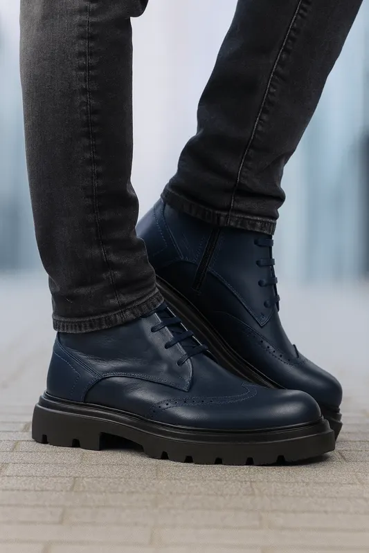 Ghete Casual de Barbati din Piele Albastru si Fermoar - MARLE