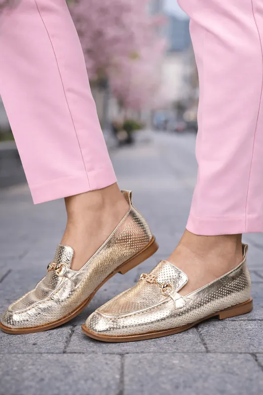 Mocasini din Piele Aurii cu Accesoriu - YZ GOLD