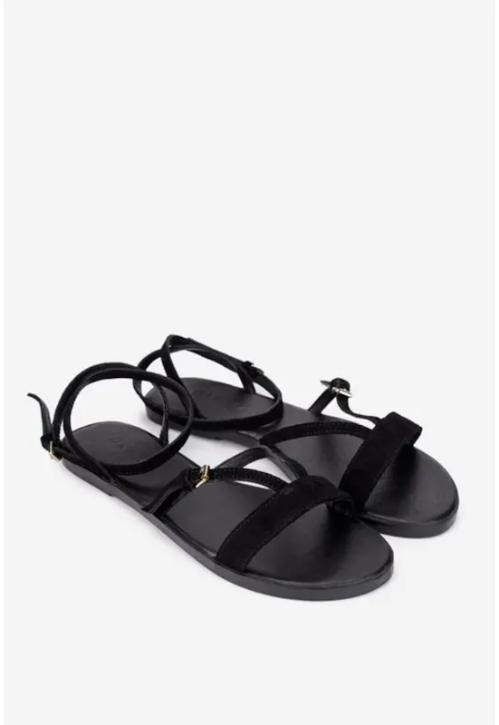 Sandale dama negre din piele intoarsa cu barete subtiri