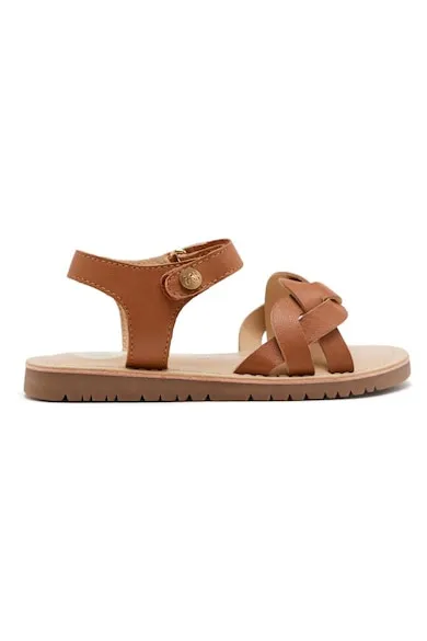 Sandale din piele cu talpa plata si inchidere velcro - Caramel
