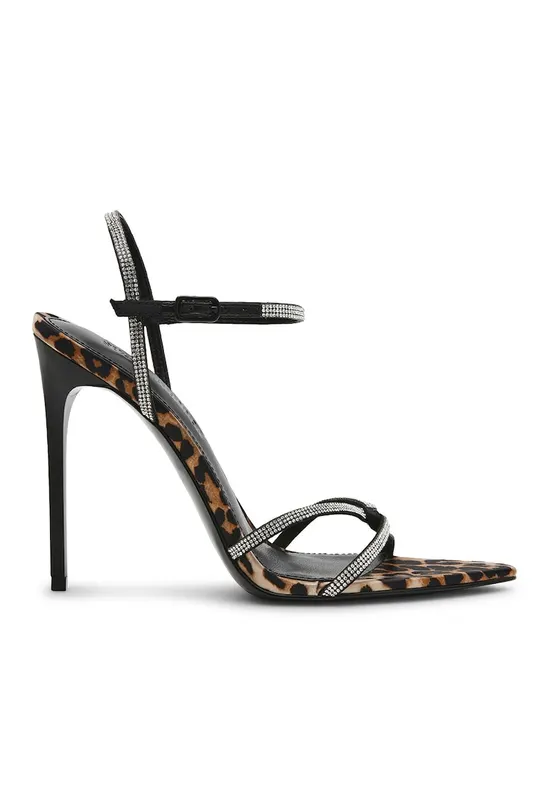 Sandale stiletto cu strasuri si model animal print - Maro inchis/Maro deschis/Argintiu
