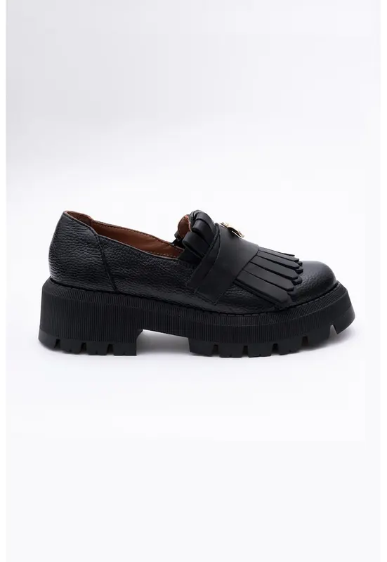 Pantofi loafer de piele cu toc masiv - Negru