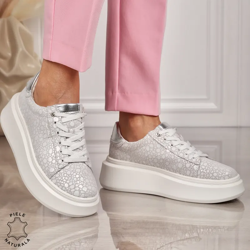 Pantofi CASUAL PIELE NATURALA CU SIRET CRL1450 ALB cu argintiu