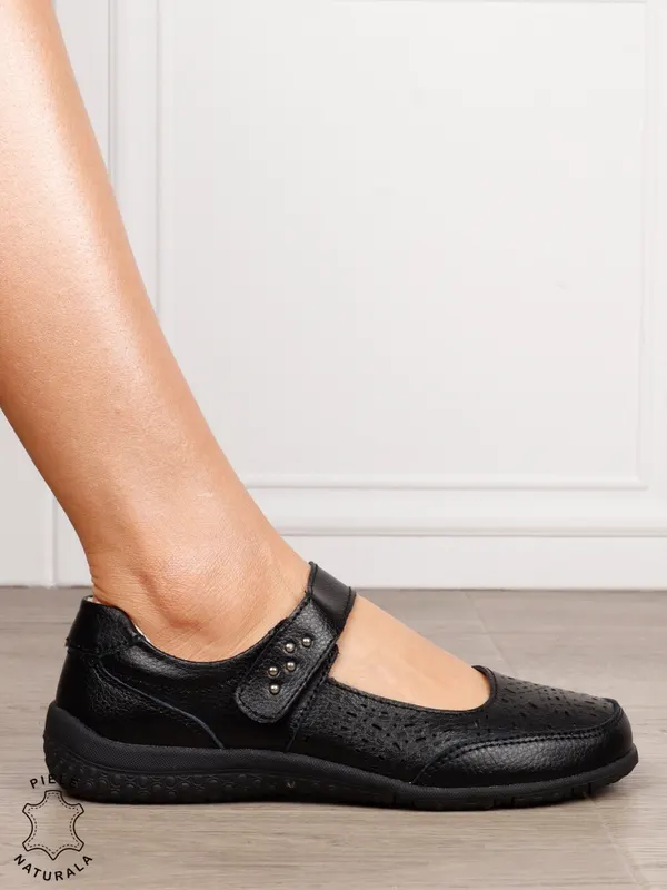 Balerini dama din Piele Naturala cu inchidere velcro CRL1548 NEGRU