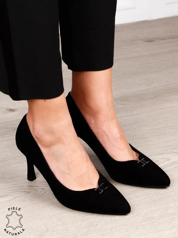 Pantofi Eleganti dama din piele naturala intoarsa cu catarama CRL1577 NEGRU