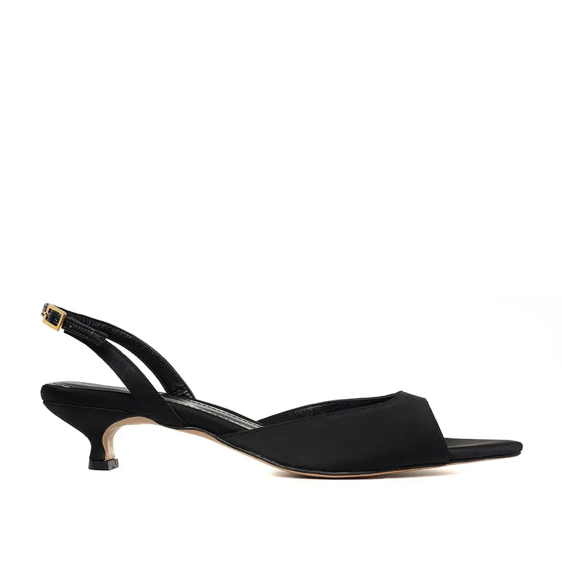 Sandale Vicky Satin, Varf Ascutit, Negre - Kitten Heels