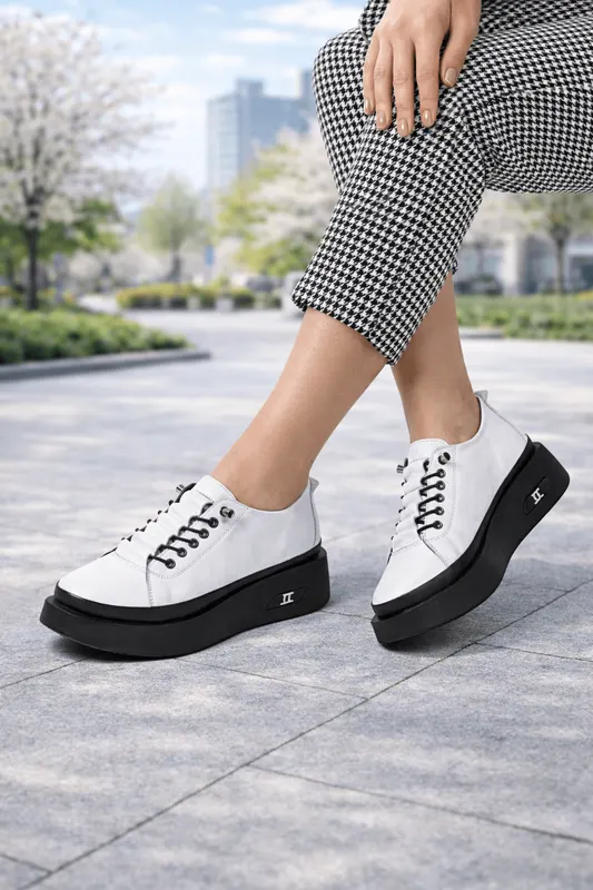 Pantofi Sport din Piele cu Siret Elastic - ELYN WHITE