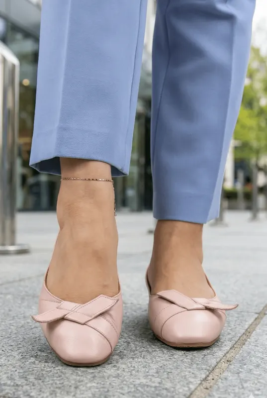 Balerini din Piele Roz cu Accesoriu - MYN PUDRA