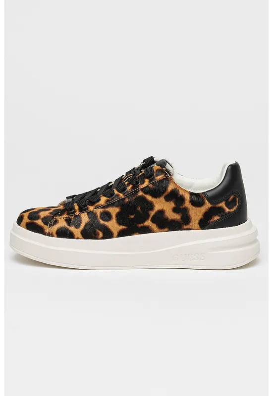 Pantofi sport cu animal print si piele cu par scurt - Maro inchis/Bej
