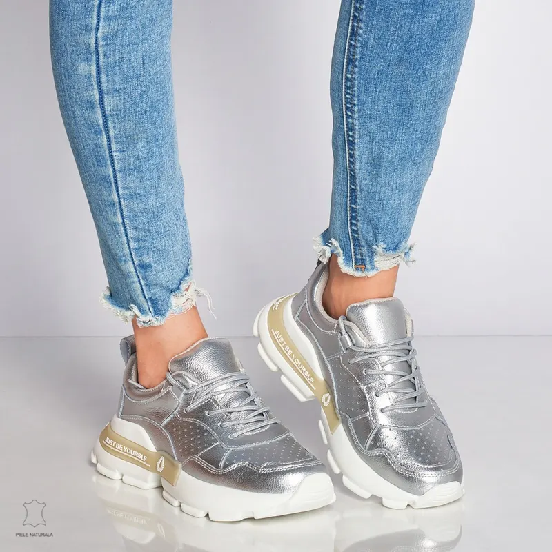 Pantofi Casual dama din Piele naturala cu talpa groasa CRL0046 Argintiu