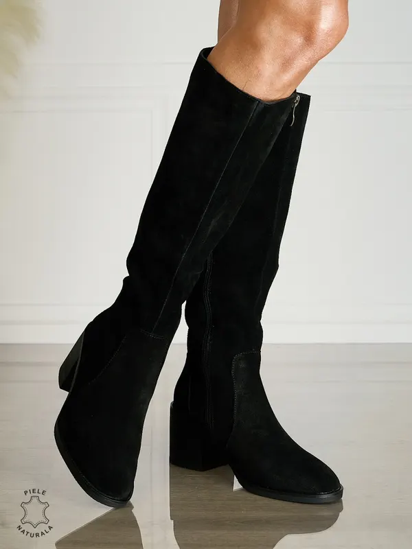 Botine DAMA din PIELE NATURALA CU TOC GROS CRL1500 Negru Suede