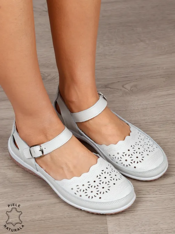Balerini dama din Piele Naturala cu inchidere velcro si catarama CRL1549 ALB