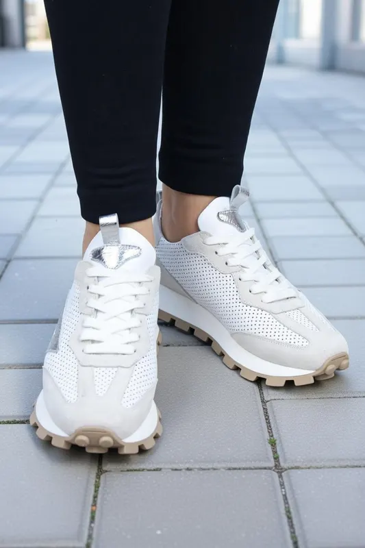 Sneakers Dama Din Piele Albi cu Gri - CORE GREY