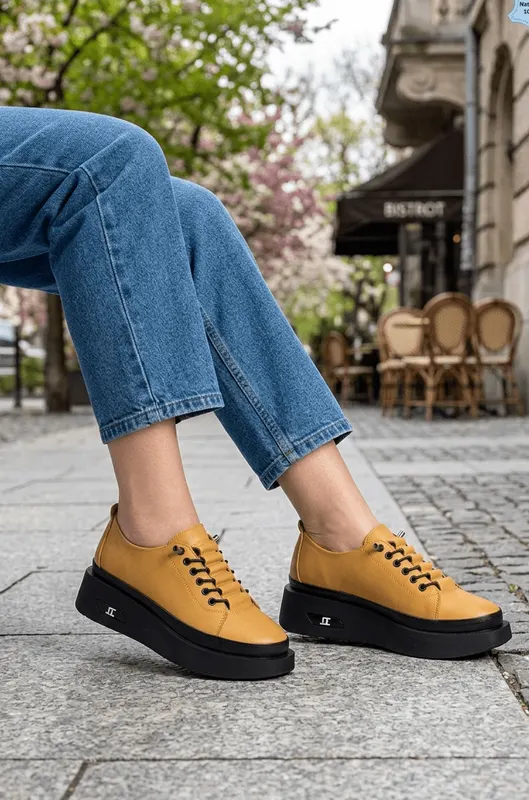 Pantofi Sport din Piele cu Siret Elastic - ELYN YELLOW